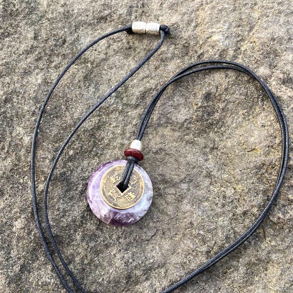 Amethyst Crystal Gemstone Handmade Necklace with Lucky Coin - Picture 5 of 5